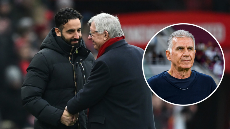 Manchester United manager Ruben Amorim greets Sir Alex Ferguson at Old Trafford. Inset, Carlos Queiroz head shot image.