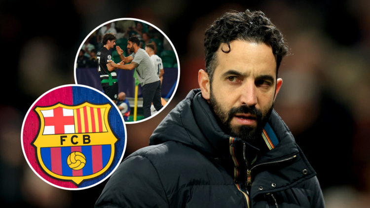 Ruben Amorim head shot image while managing Manchester United. Inset, Barcelona club badge. Inset Amorim and Francisco Trincao in conversation for ...