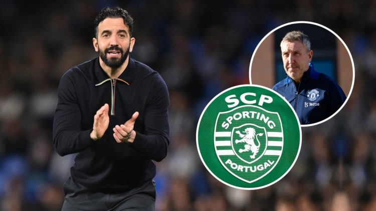 Image of Ruben Amorim with an inset of Jason Wilcox and the Sporting CP crest