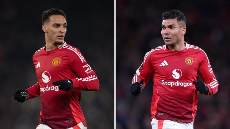 Split image of Manchester United's Antony in action, and Casemiro in action.