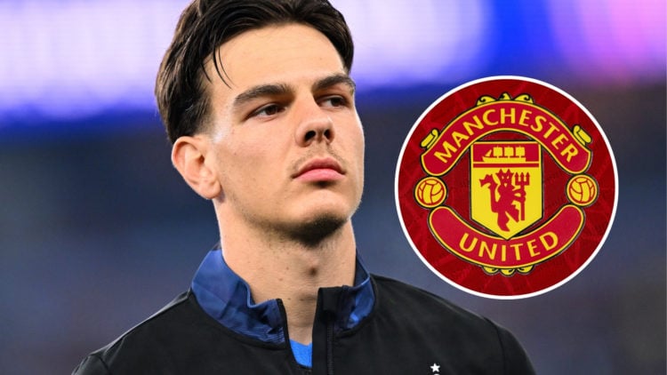 An image of Club Brugge midfielder Ardon Jashari before the start of a UEFA Champions League match, with an inset of the Manchester United badge.
