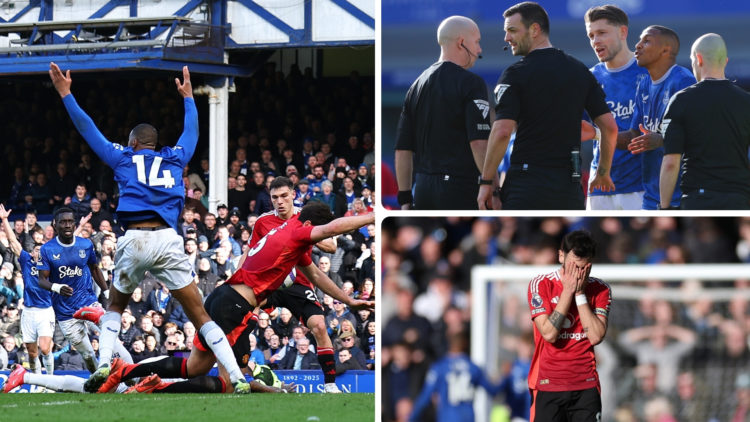 Harry Maguire brings down Everton’s Ashley Young for a penalty, later overturned, during a Premier League clash between Everton and Manchester Unit...