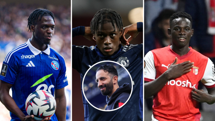 Split image of Dilane Bakwa from Strasbourg, Bendito Mantato from Manchester United and Roger Fernandes from Braga. Inset Ruben Amorim head shot.