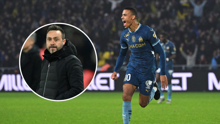 Marseille's English forward #10 Mason Greenwood celebrates after scoring a goal during the French Ligue 1 match between FC Nantes and Olympique de ...