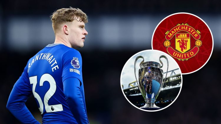 Jarrad Branthwaite of Everton during the Premier League match between Everton FC and Leicester City FC. Inset, the Manchester United badge, and the...