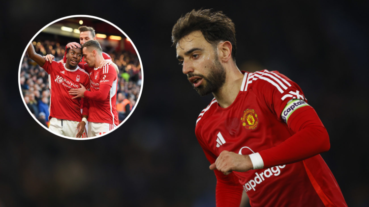 Manchester United captain Bruno Fernandes and Nottingham Forest's Anthony Elanga.