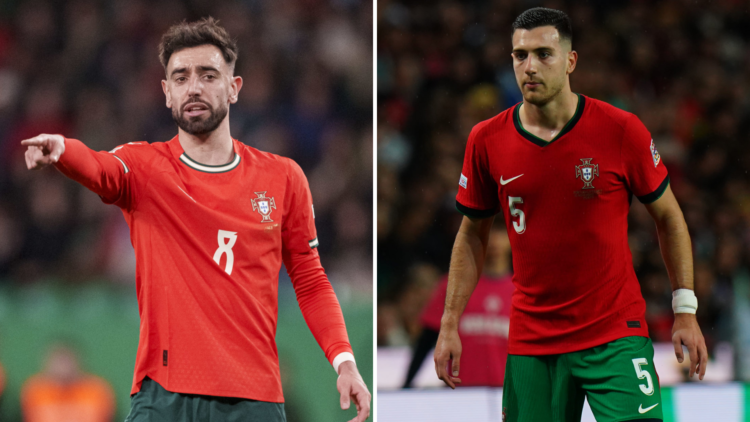 Split image of Bruno Fernandes and Diogo Dalot in action for Portugal.