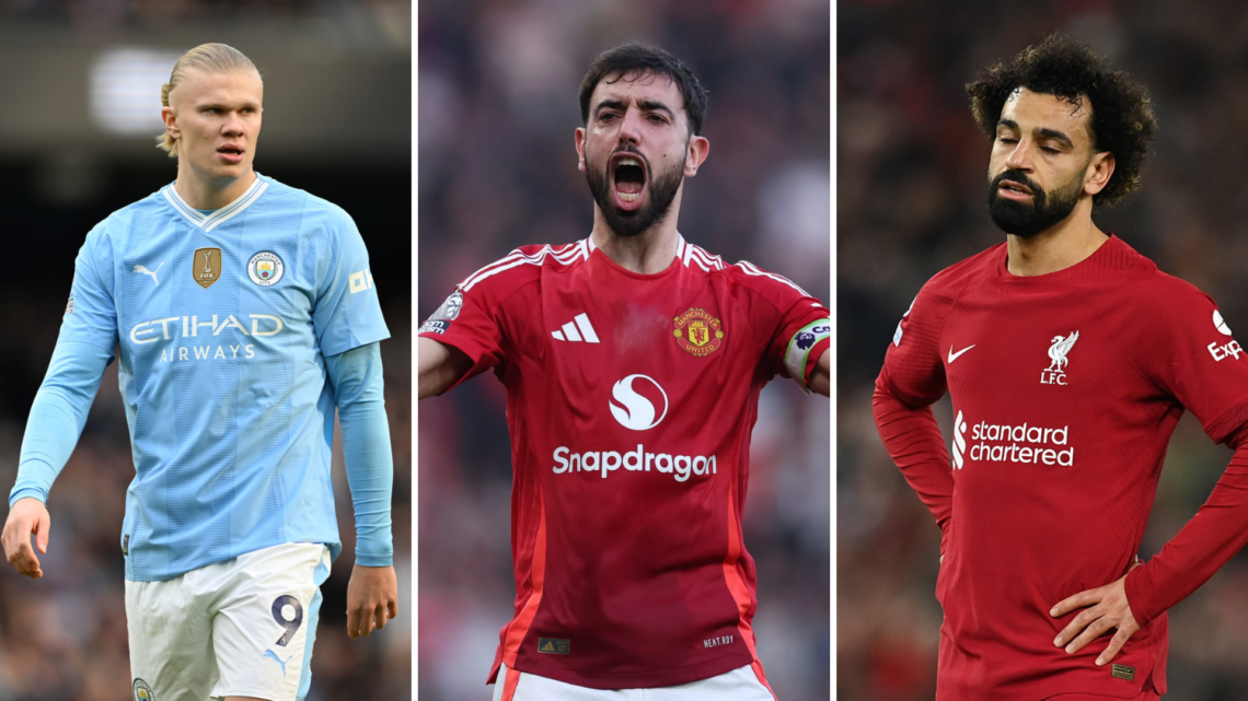 Bruno Fernandes split image with Mohamed Salah and Erling Haaland.