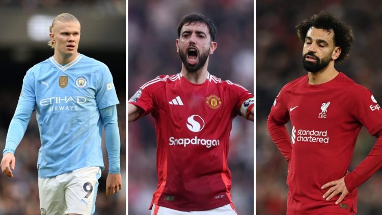 Bruno Fernandes split image with Mohamed Salah and Erling Haaland.