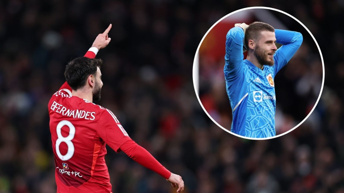 Bruno Fernandes of Manchester United celebrates after scoring against Fulham in the FA Cup. Inset, former Manchester United goalkeeper David De Gea.