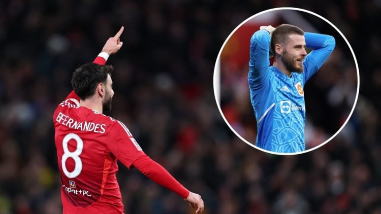 Bruno Fernandes of Manchester United celebrates after scoring against Fulham in the FA Cup. Inset, former Manchester United goalkeeper David De Gea.