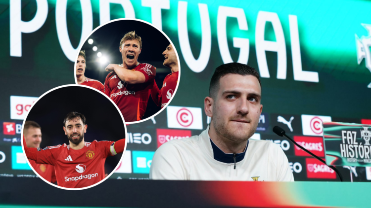 Diogo Dalot at press conference for Portugal. Inset Bruno Fernandes celebrates for Manchester United. Inset Rasmus Hojlund celebrates for Mancheste...
