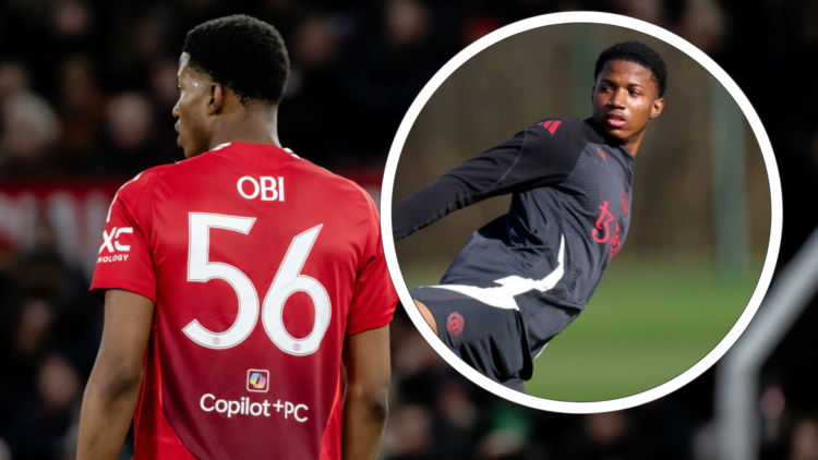 Chido Obi in Man Utd shirt, wearing number 56. Inset, wearing black training top