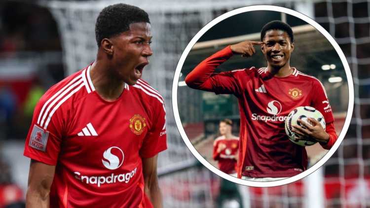 Chido Obi shouts, wearing Manchester United kit. Inset, Chido Obi holds ball and points to his head