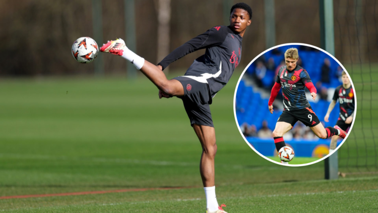 Chido Obi pictured in training for Manchester United controlling a ball. Inset, Rasmus Hojlund warms up with a shot before Manchester United vs Eve...