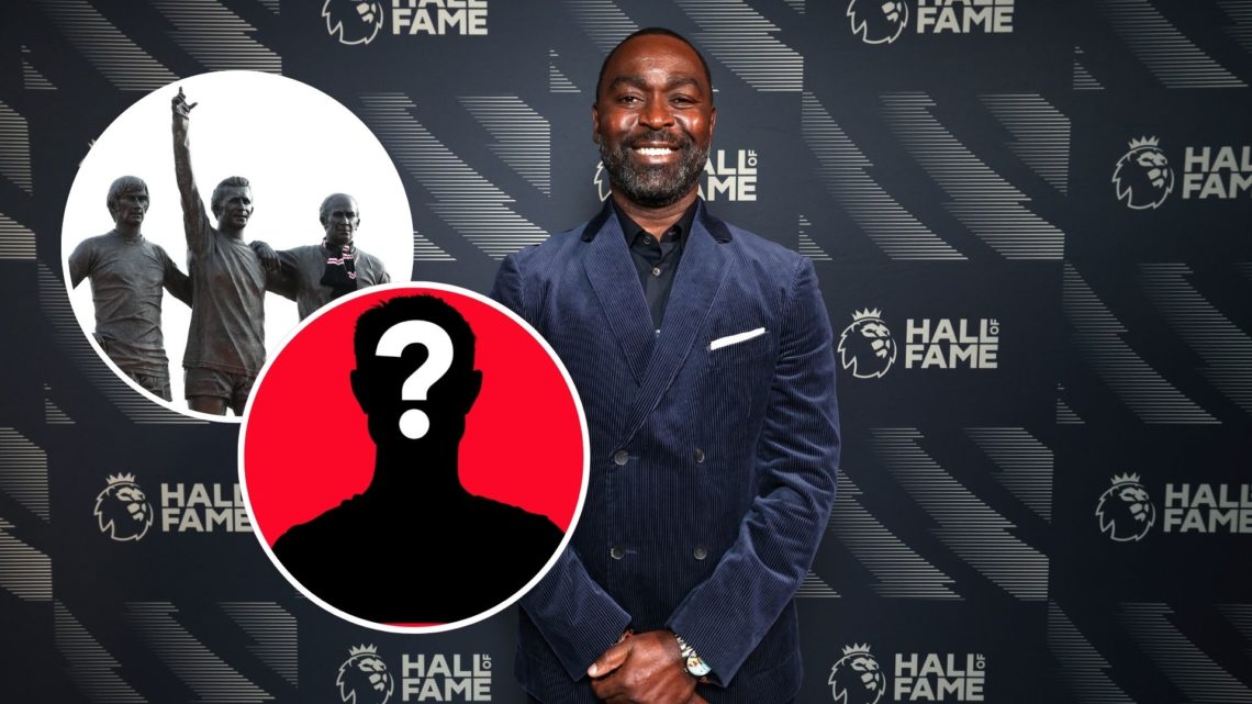 Image of could Andy Cole with inset of the Old Trafford trinity statue and a mystery player silhouette