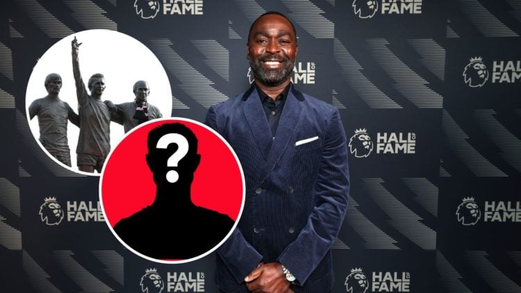 Image of could Andy Cole with inset of the Old Trafford trinity statue and a mystery player silhouette