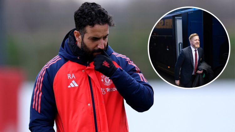 Ruben Amorim, Manager of Manchester United, looks on during the UEFA Europa League 2024/25 Round of 16 training session at Carrington Training Grou...