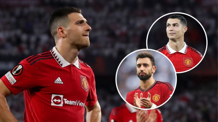 Diogo Dalot of Manchester United looks dejected after their side's defeat in the UEFA Europa League Quarterfinal Second Leg match. Inset, Cristiano...