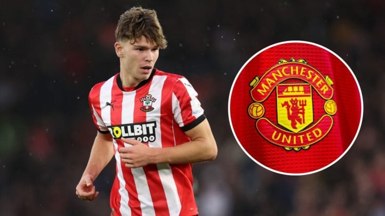 Image of yler Dibling of Southampton during the Premier League match between Southampton FC and Liverpool FC with an inset of the Manchester United...