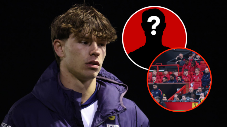 Tyler Dibling headshot image in England tracksuit. Inset Manchester United bench with Jack Moorhouse at Old Trafford. Inset mystery player icon.