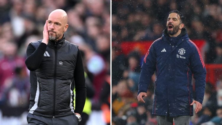 Erik ten Hag looking sad as Man Utd manager, Ruben Amorim shouting as Man Utd manager split image