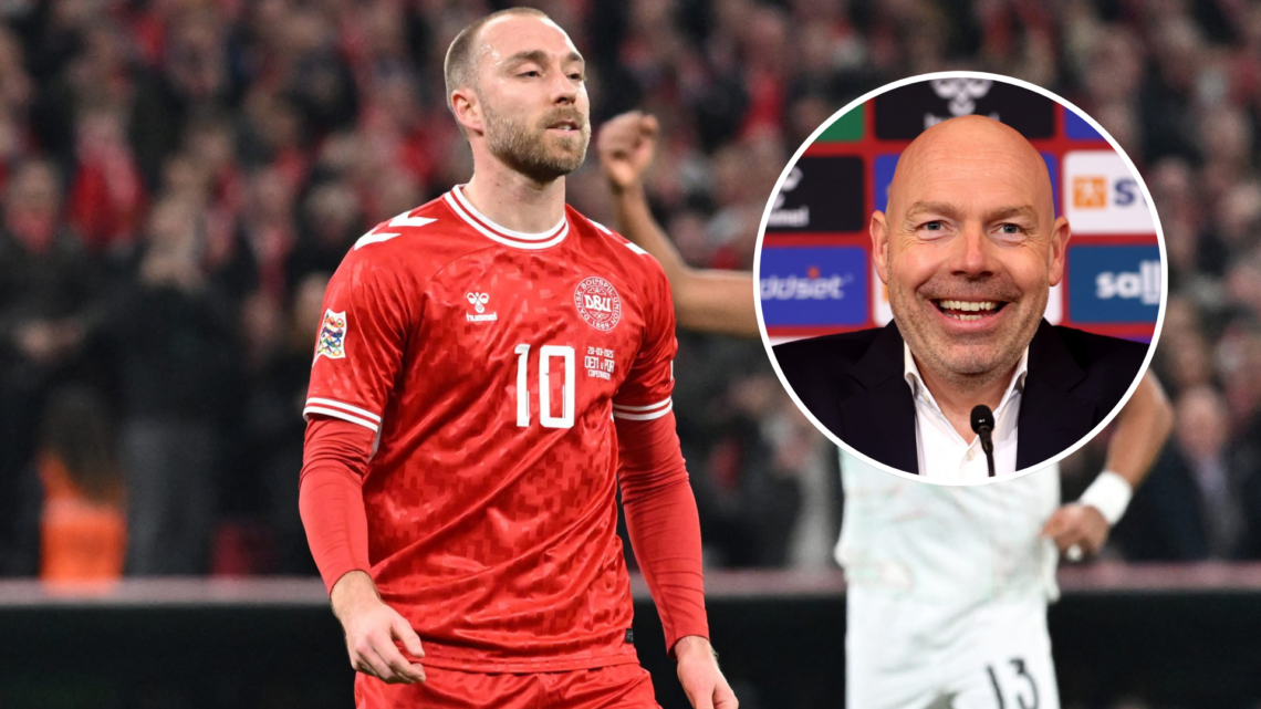 Christian Eriksen reacts to missing his penalty for Denmark. Inset Brian Riemer during press conference.