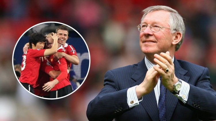 Manchester United manager Sir Alex Ferguson applauds supporters after their English Premier League football match against West Ham United. Inset, J...