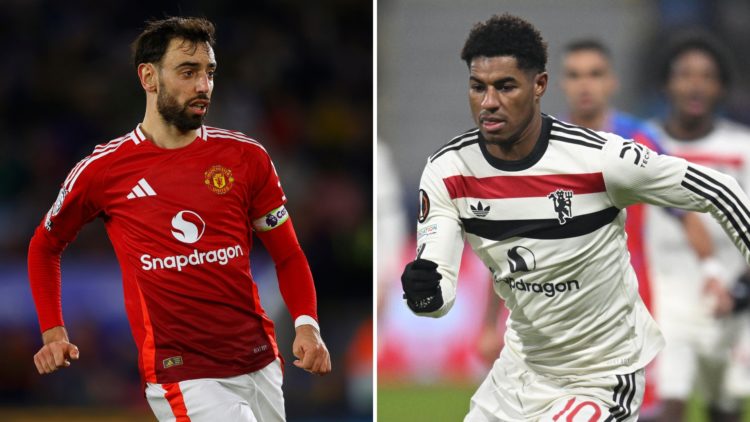 Split image of Bruno Fernandes of Manchester United looks on during the Premier League match between Leicester City FC and Manchester United FC at ...