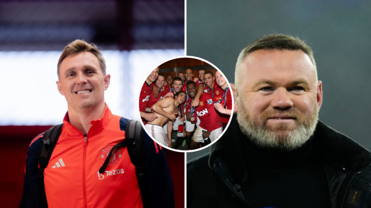 Darren Fletcher and Wayne Rooney split image with both smiling toward camera. Inset Manchester United squad celebrate winning Premier League under ...
