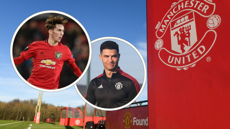Carrington background with United badge, inset James Garner playing for Man Utd, inset Cristiano Ronaldo training for United