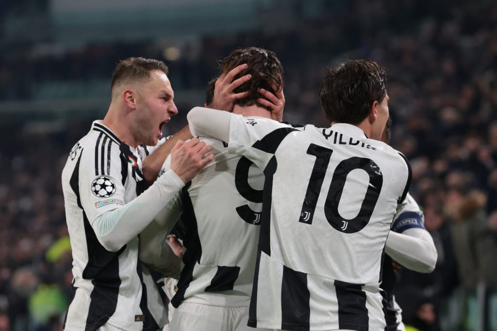 Dusan Vlahovic of Juventus celebrates with team mates after scoring to give the side a 1-0 lead during the UEFA Champions League 2024/25 League Phase MD6 match between Juventus FC and Manchester City FC, December 11, 2024
