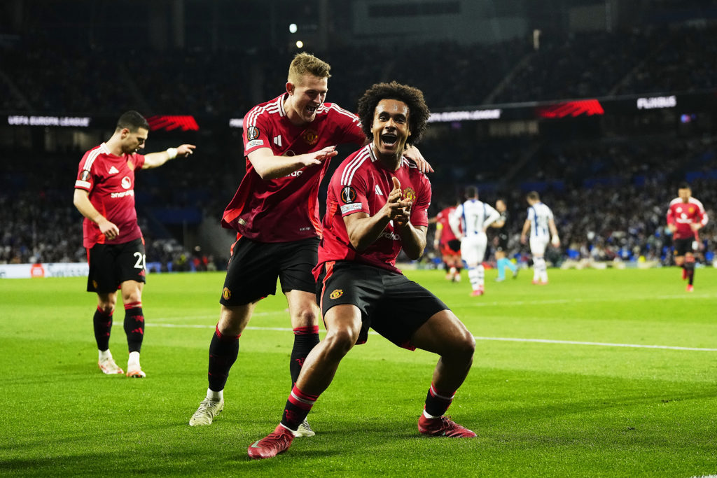 Joshua Zirkzee celebrates scoring for Manchester United.