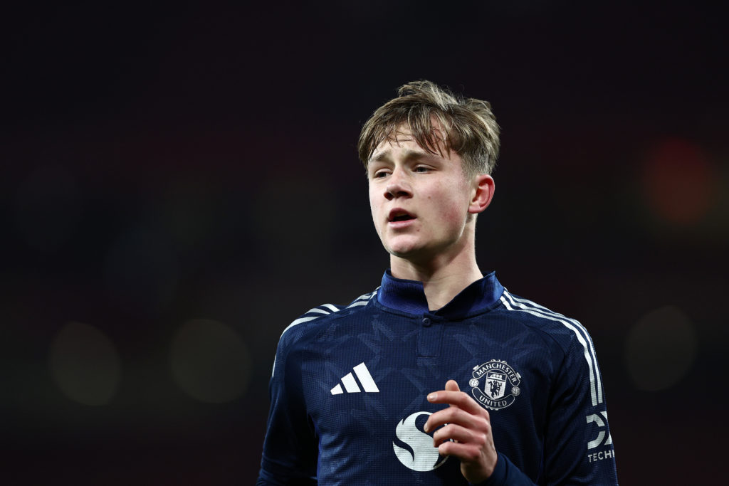 Jim Thwaites of Manchester United looks on during the FA Youth Cup quarter-final between Arsenal U18 and Manchester United U18 at Emirates Stadium on February 28, 2025
