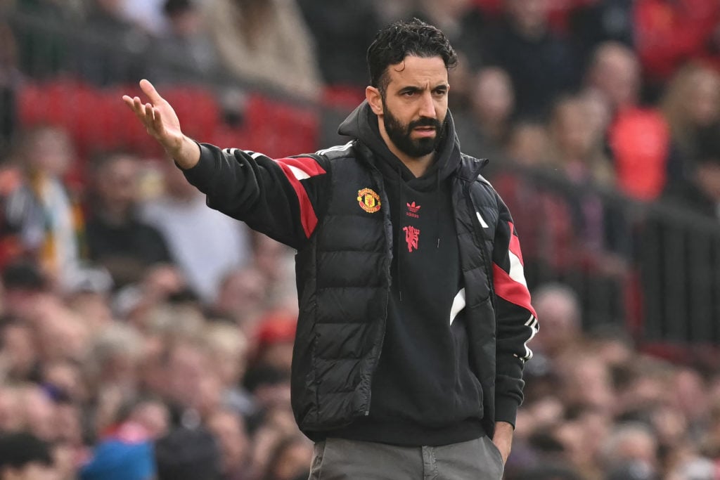 Manchester United's Portuguese head coach Ruben Amorim gestures on the touchline during the English Premier League football match between Manchester United and Arsenal