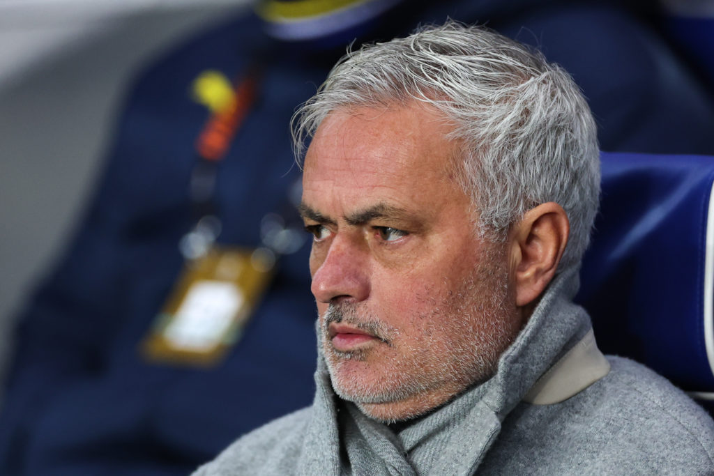 Jose Mourinho, the manager of Fenerbahce, during the UEFA Europa League 2024/25 round-of-16 second-leg match between Rangers FC and Fenerbahce SK at the Ibrox Stadium on March 13, 2025, in Glasgow, Scotland.