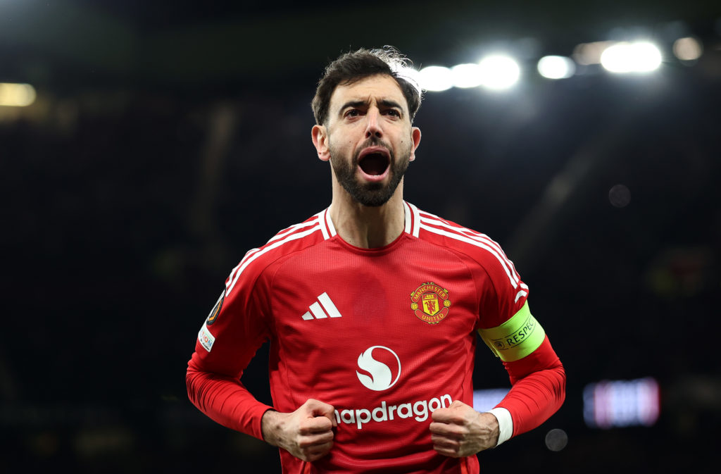 Manchester United and Portugal midfielder Bruno Fernandes celebrates during the Europa League match against Real Sociedad at Old Trafford in 2025 in Manchester.