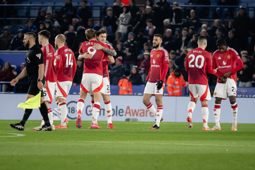 Manuel Ugarte, Christian Eriksen, Rasmus Hojlund, Victor Lindelof, Noussair Mazraoui, Diogo Dalot and Ayden Heaven of Manchester United walk out ahead of the Premier League match between Leicester City FC and Manchester United, March 16, 2025