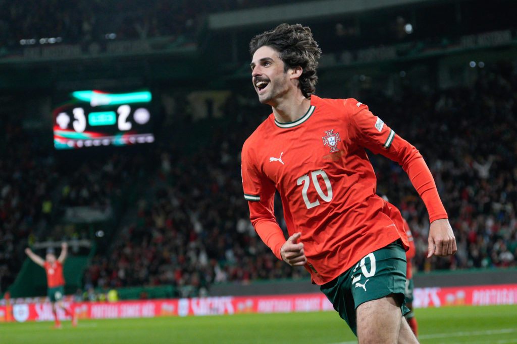 Francisco Trincao of Portugal celebrates a goal during the