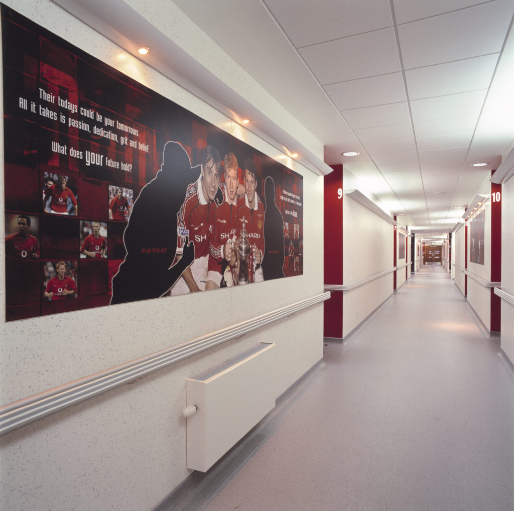 An interior general view of a corridor at the Manchester United Academy building at the Trafford Training Ground in Carrington
