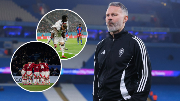 Ryan Giggs at the Etihad before Manchester City vs Salford City. Inset Alejandro Garnacho and Kobbie Mainoo celebrate scoring for Manchester United...
