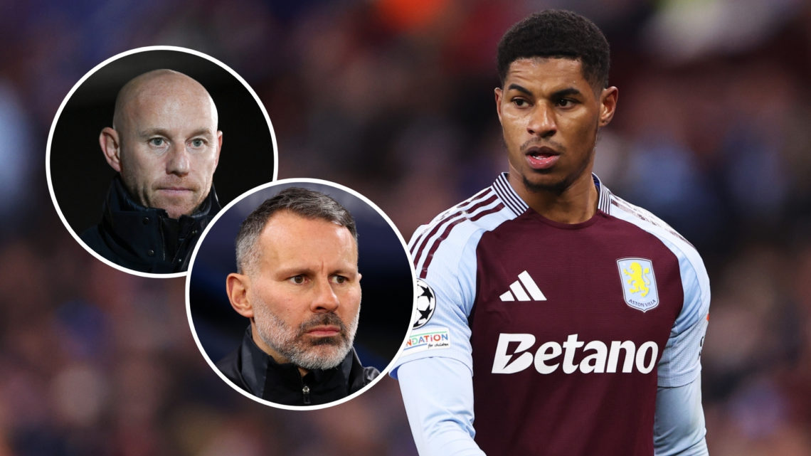 Marcus Rashford playing for Aston Villa in the UEFA Champions League with two insets of Salford City assistant manager Ryan Giggs and Co-Owner of S...