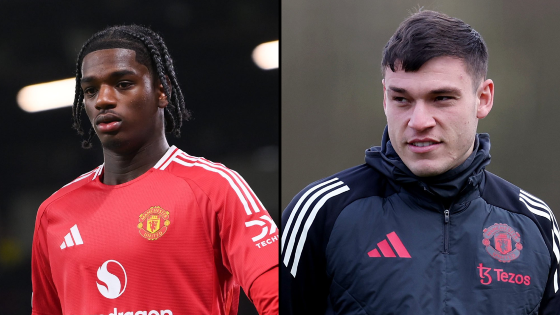 Split Image of Ayden Heaven playing for Manchester United during the Europa League clash with Real Sociedad and Manuel Ugarte in training at Carrin...