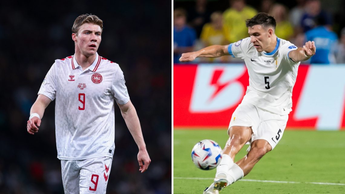 A split image featuring Rasmus Højlund in a Denmark jersey (left) and Manuel Ugarte in a Uruguay jersey (right).