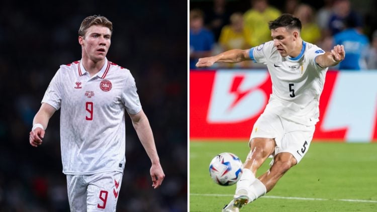A split image featuring Rasmus Højlund in a Denmark jersey (left) and Manuel Ugarte in a Uruguay jersey (right).