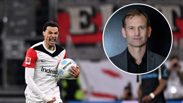 Hugo Ekitike celebrates scoring a goal during the Bundesliga match between Eintracht Frankfurt and Bayer 04 Leverkusen in Frankfurt on March 1, 202...