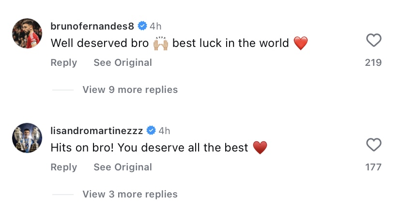 Bruno Fernandes and Lisandro Martinez send messages to Benni McCarthy on Instagram.