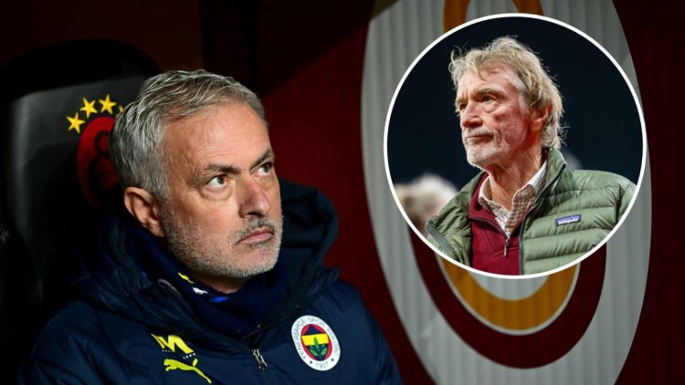 Jose Mourinho looks on during Galatasaray v Fenerbahce on February 24, 2025. Inset, Manchester United’s Jim Ratcliffe.