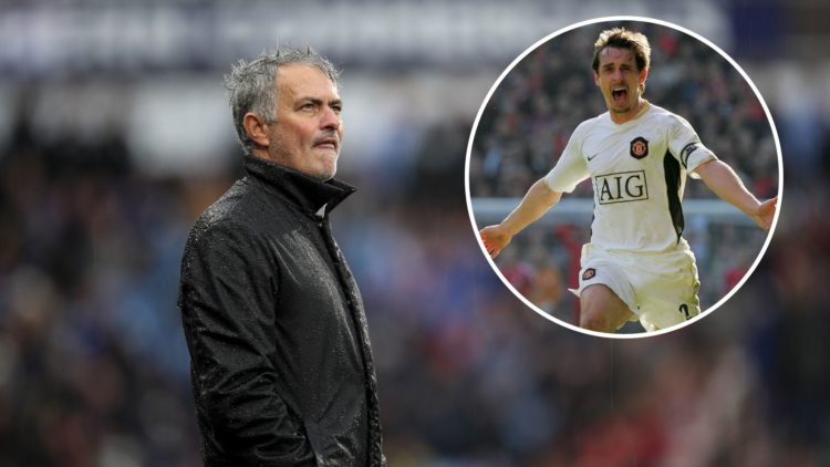 Jose Mourinho watches on as Manchester United face Huddersfield Town in 2017. Inset, Gary Neville celebrates Manchester United's win over Liverpool...