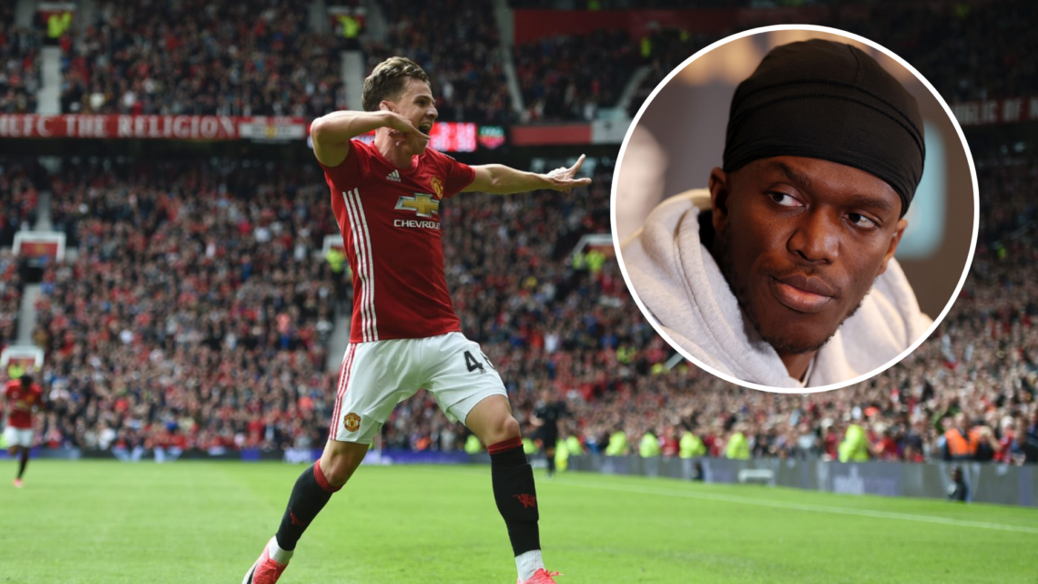 Manchester United's Josh Harrop scores on his debut. Internet sensation KSI.